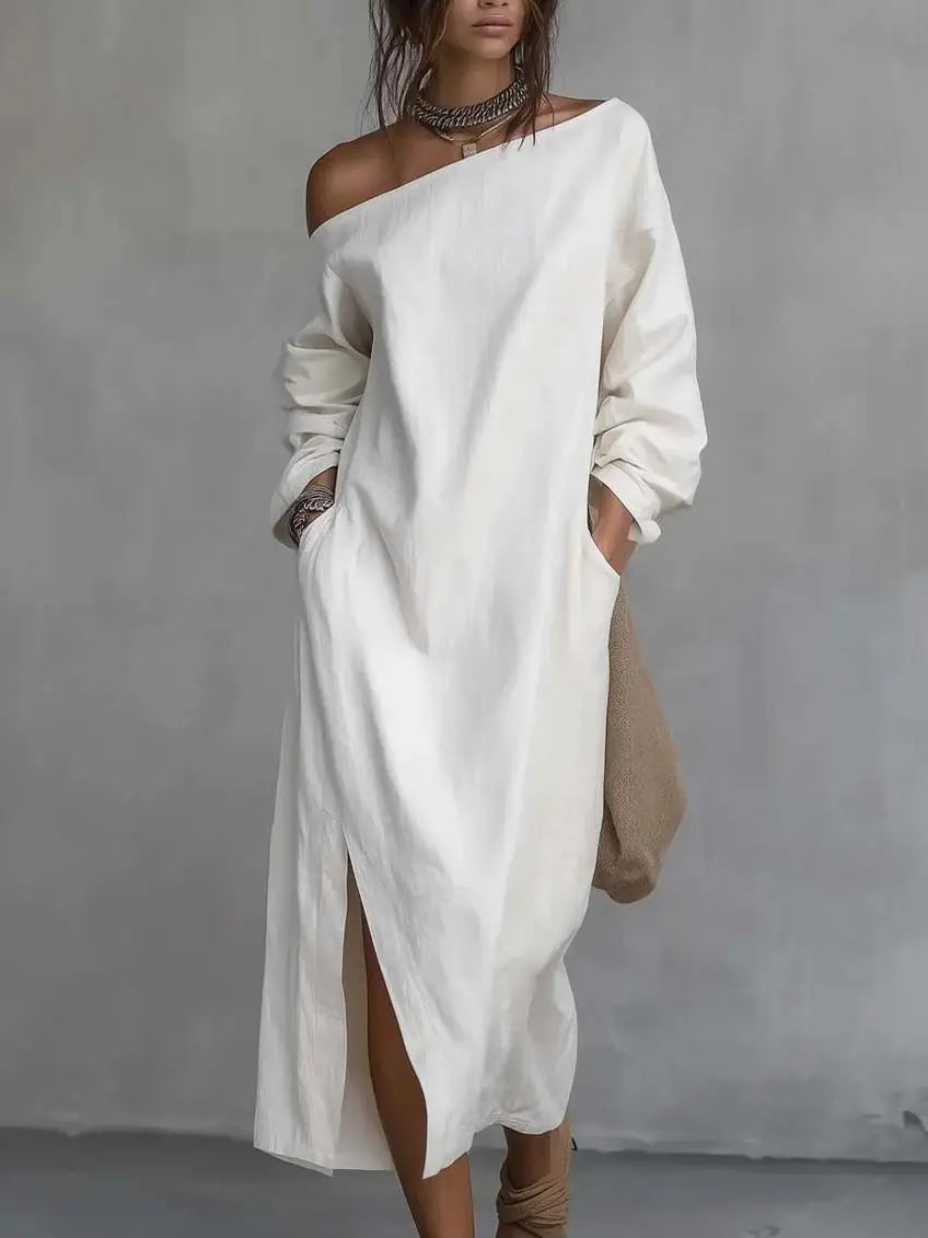 Haven Beck Kaylee One Shoulder Linen Maxi Dress