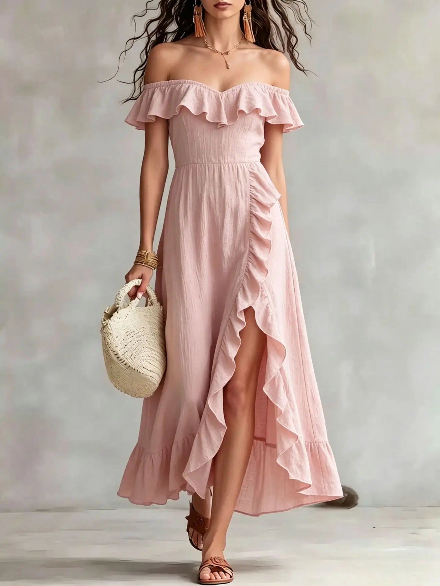 Haven Beck Arabella One Shoulder Ruffle Maxi Dress Split Hem