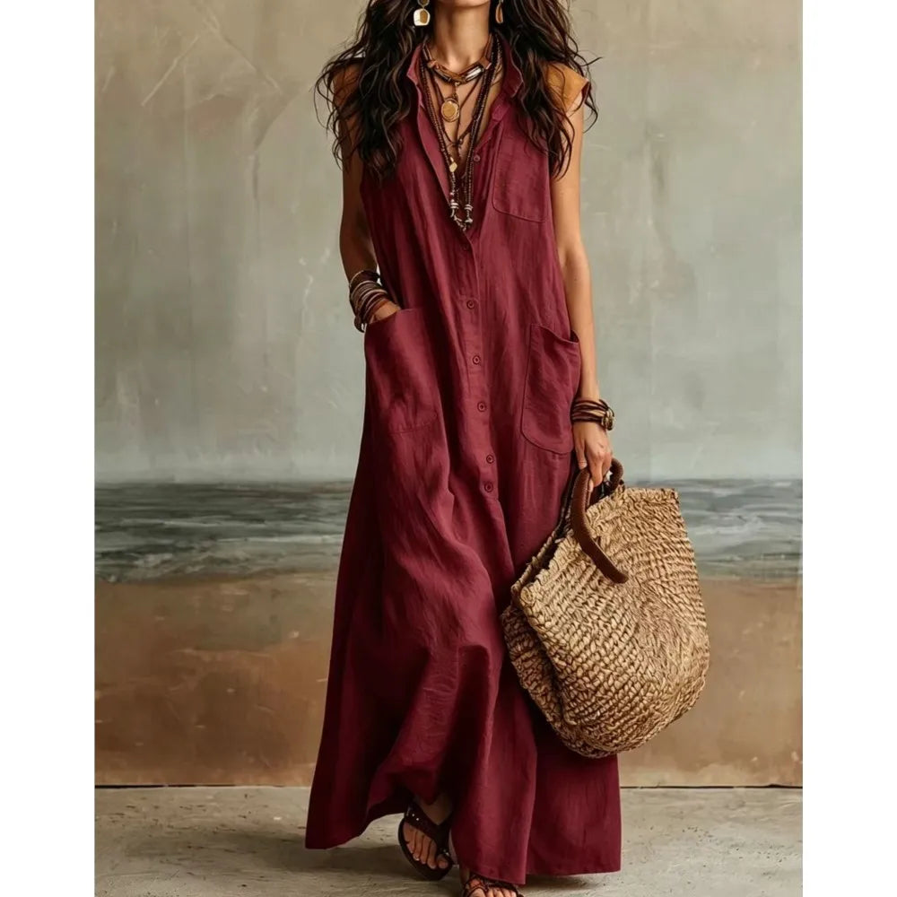 Haven Beck Reese Bohemian V Neck Casual Linen Maxi Dress