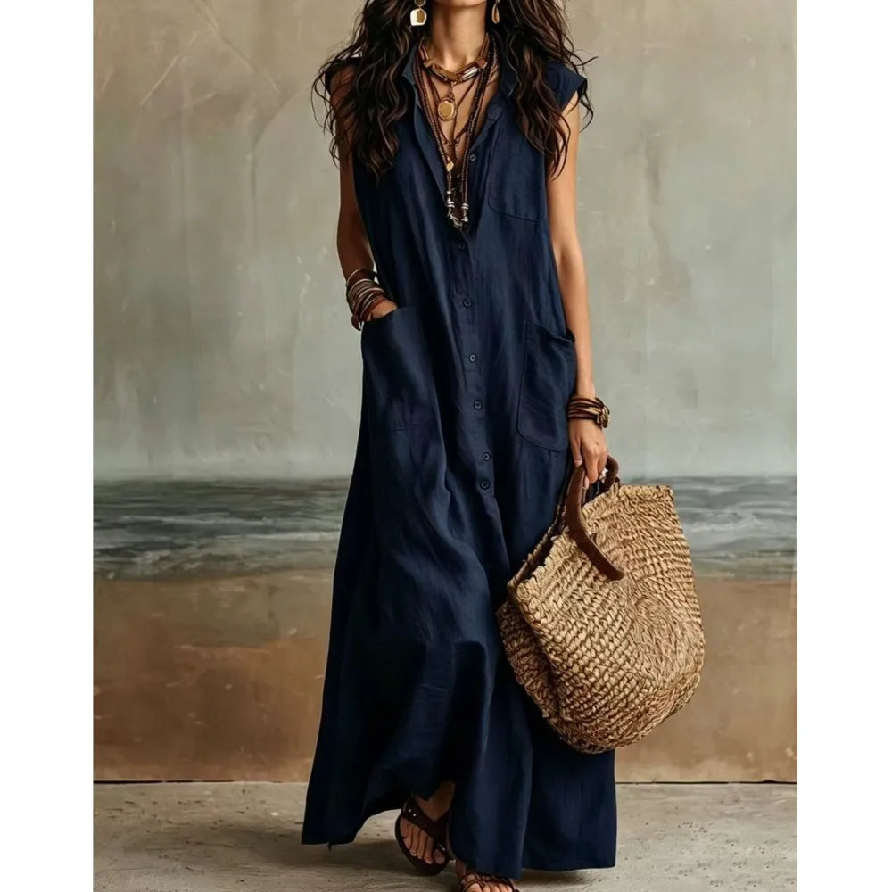 Haven Beck Reese Bohemian V Neck Casual Linen Maxi Dress