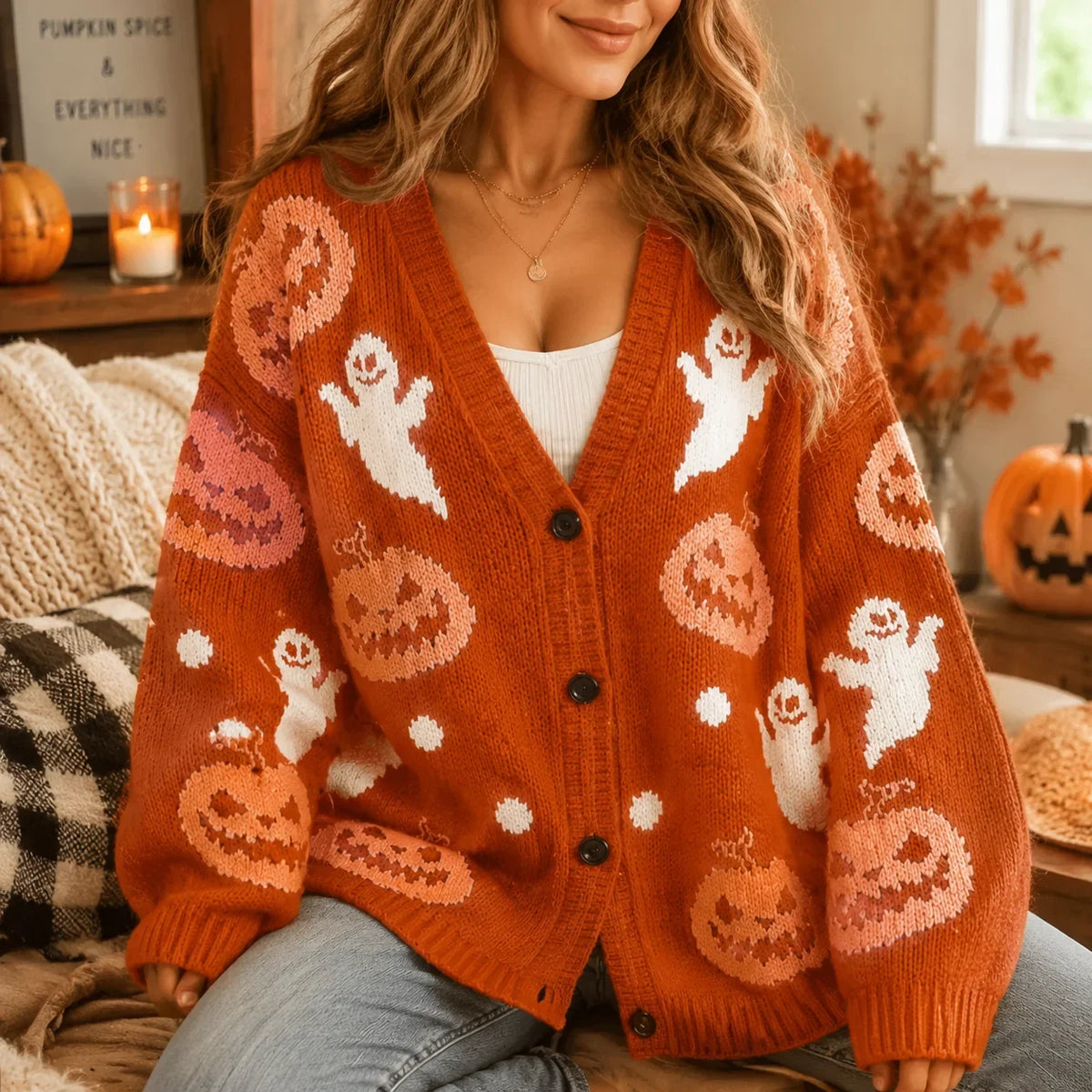 Haven Beck Women's Sadie Pumpkin Ghost Cardigan Button Front