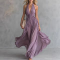 Haven Beck Roselyn Flowy Evening Dress Pleated Backless Maxi