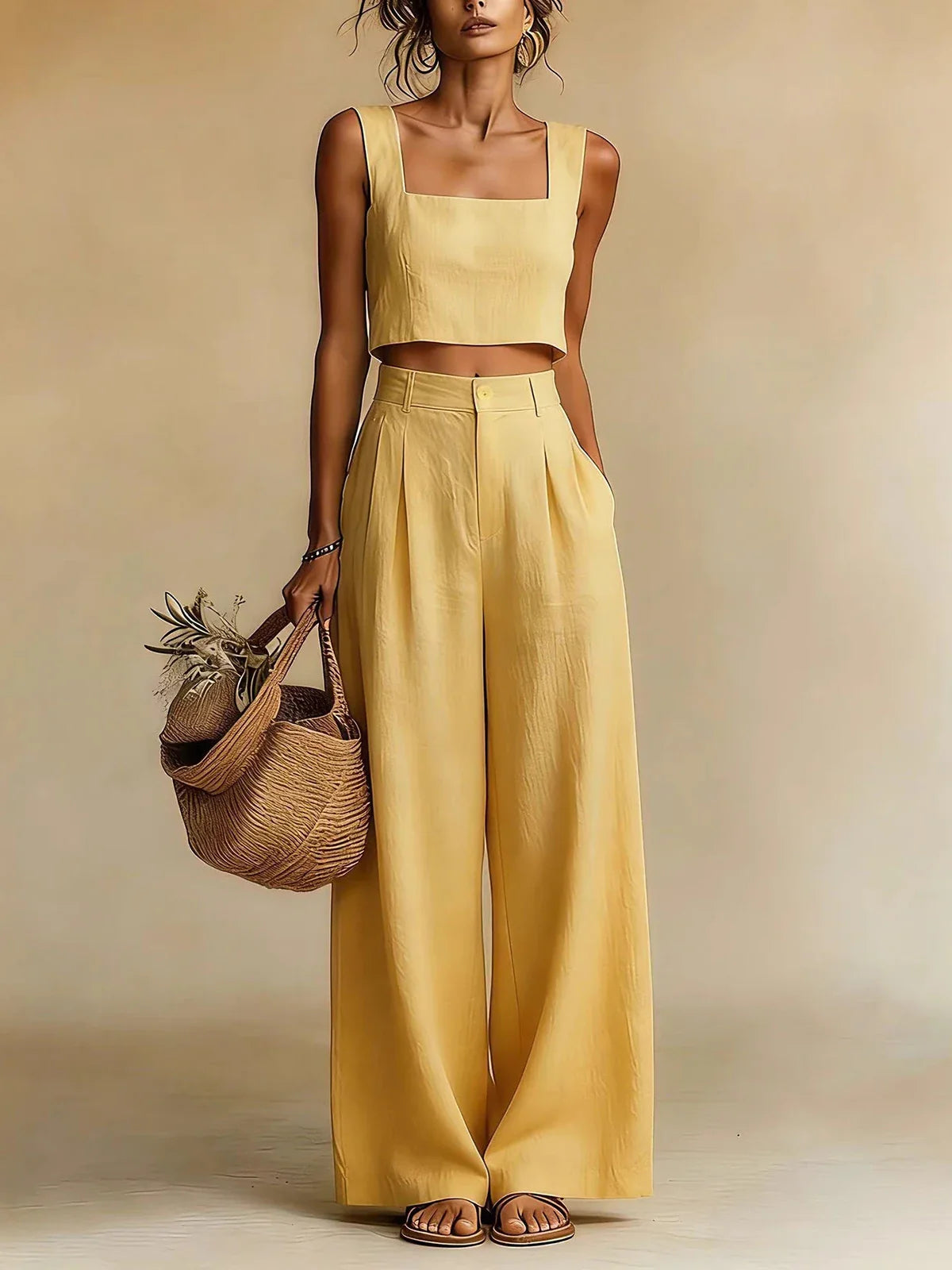Haven Beck Palazzo Pants Set Sleeveless Crop Top Wide Leg