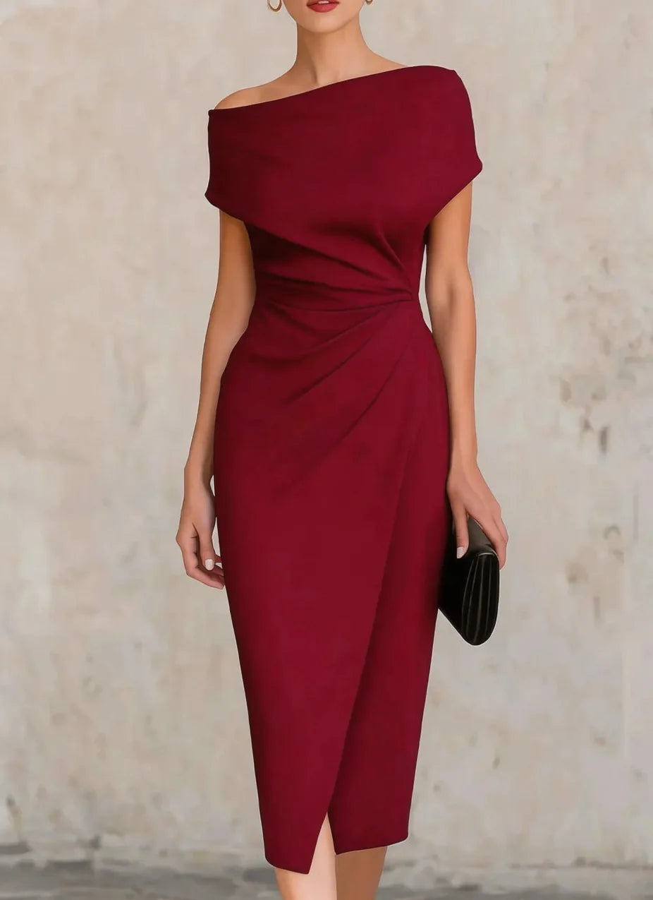 Haven Beck Megan Pleated Slit Midi Dress