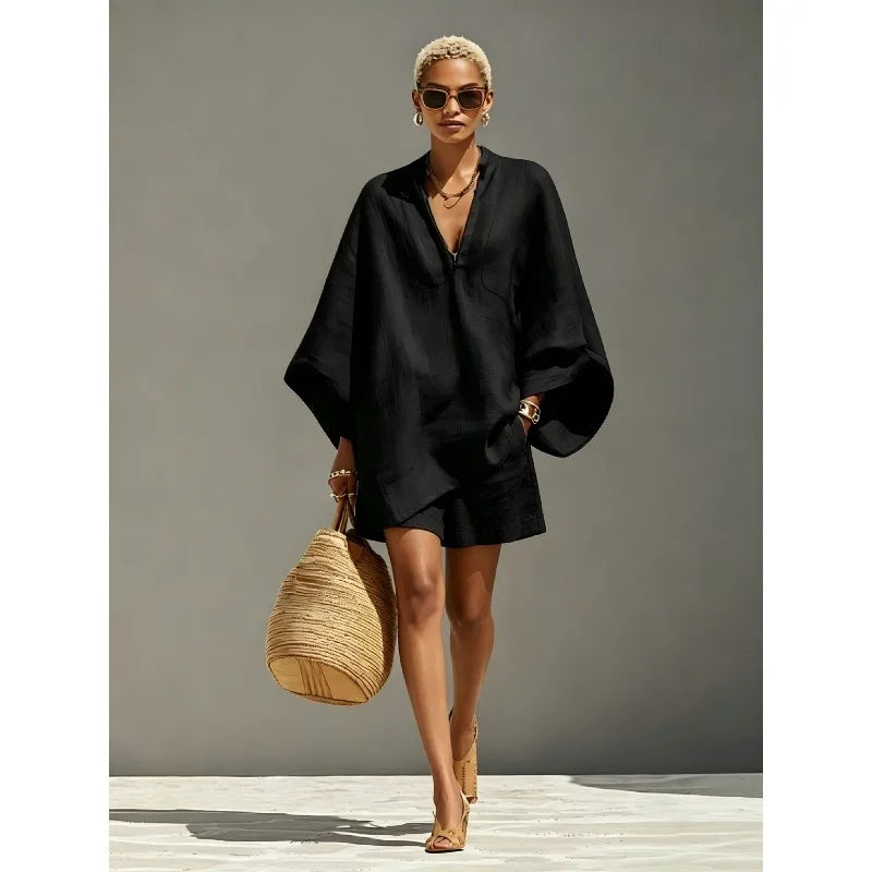 Haven Beck Estelle V-Neck Batwing Sleeve Matching Shorts Set