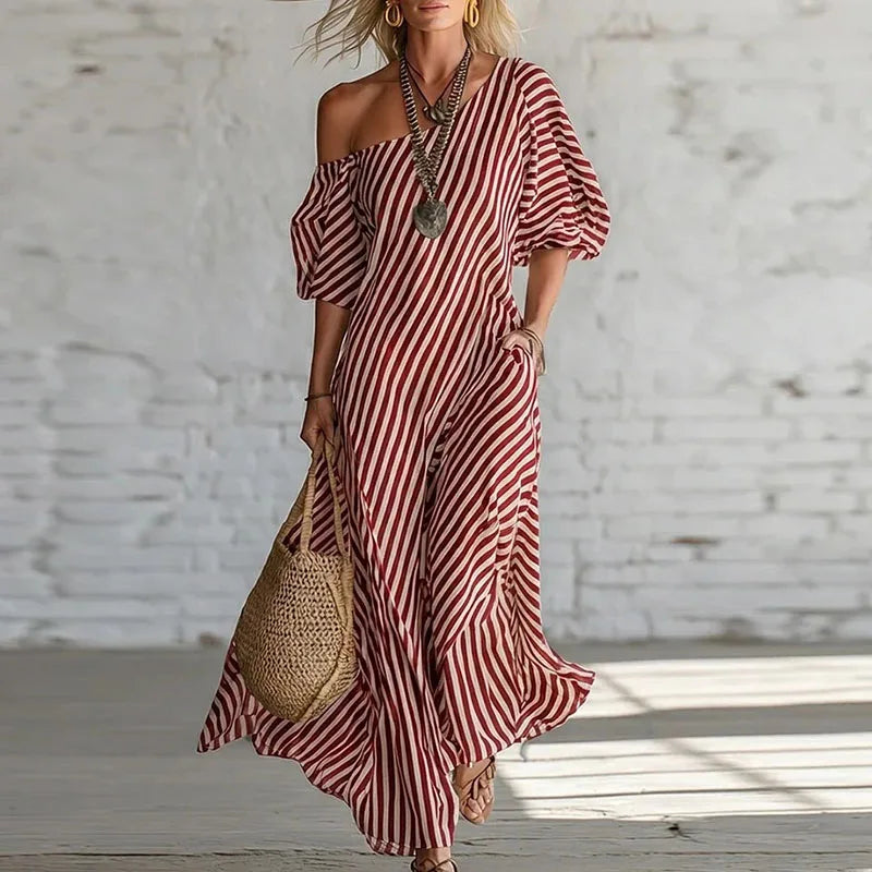 Haven Beck Sian One Shoulder Puff Sleeve Dress Striped Print