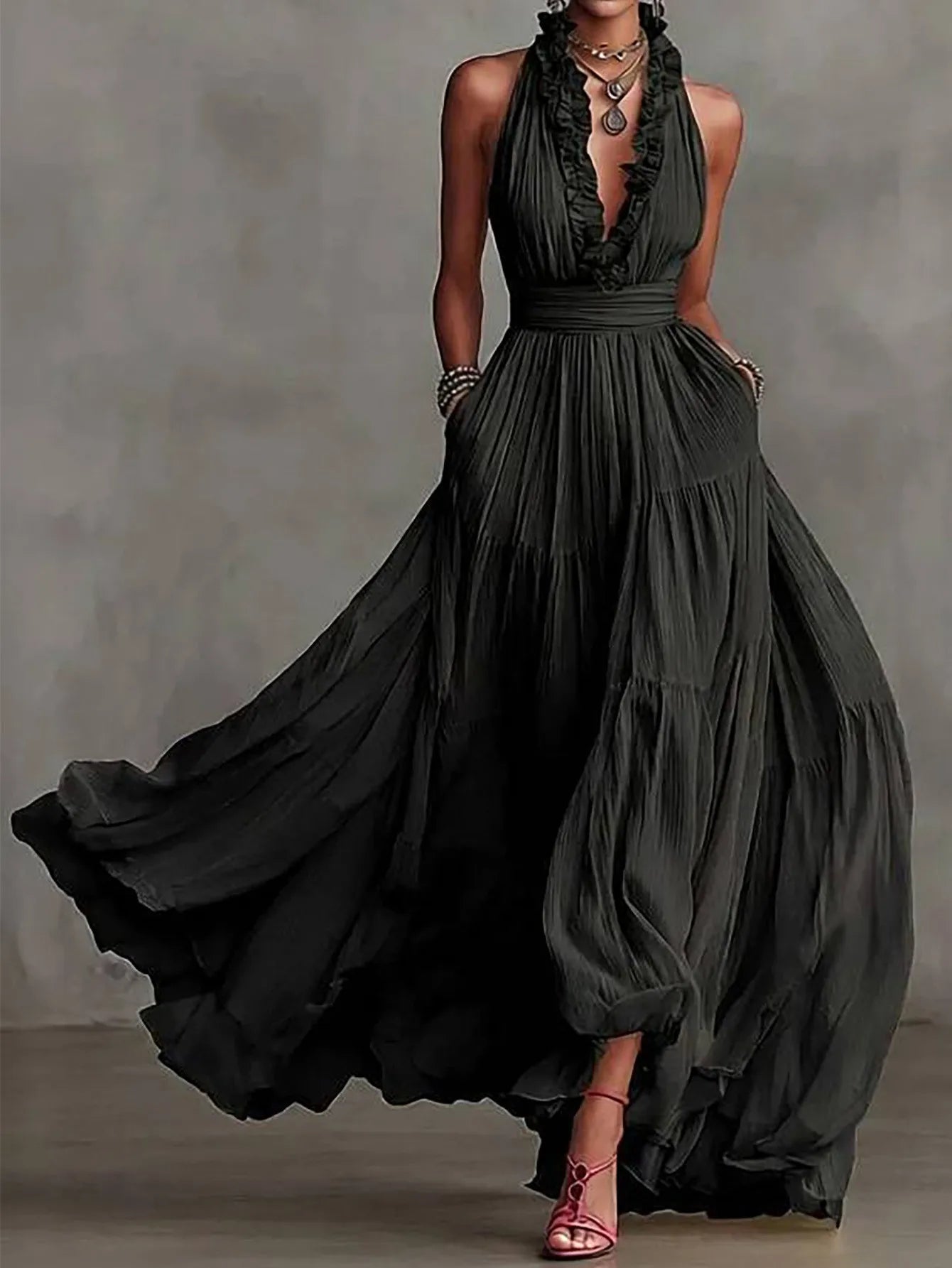Haven Beck Brenda Ruffle Trim Evening Maxi Dress