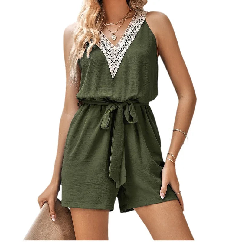 Haven Beck Helena Tie Waist Romper Lace-Trim V-Neck Sleeveless