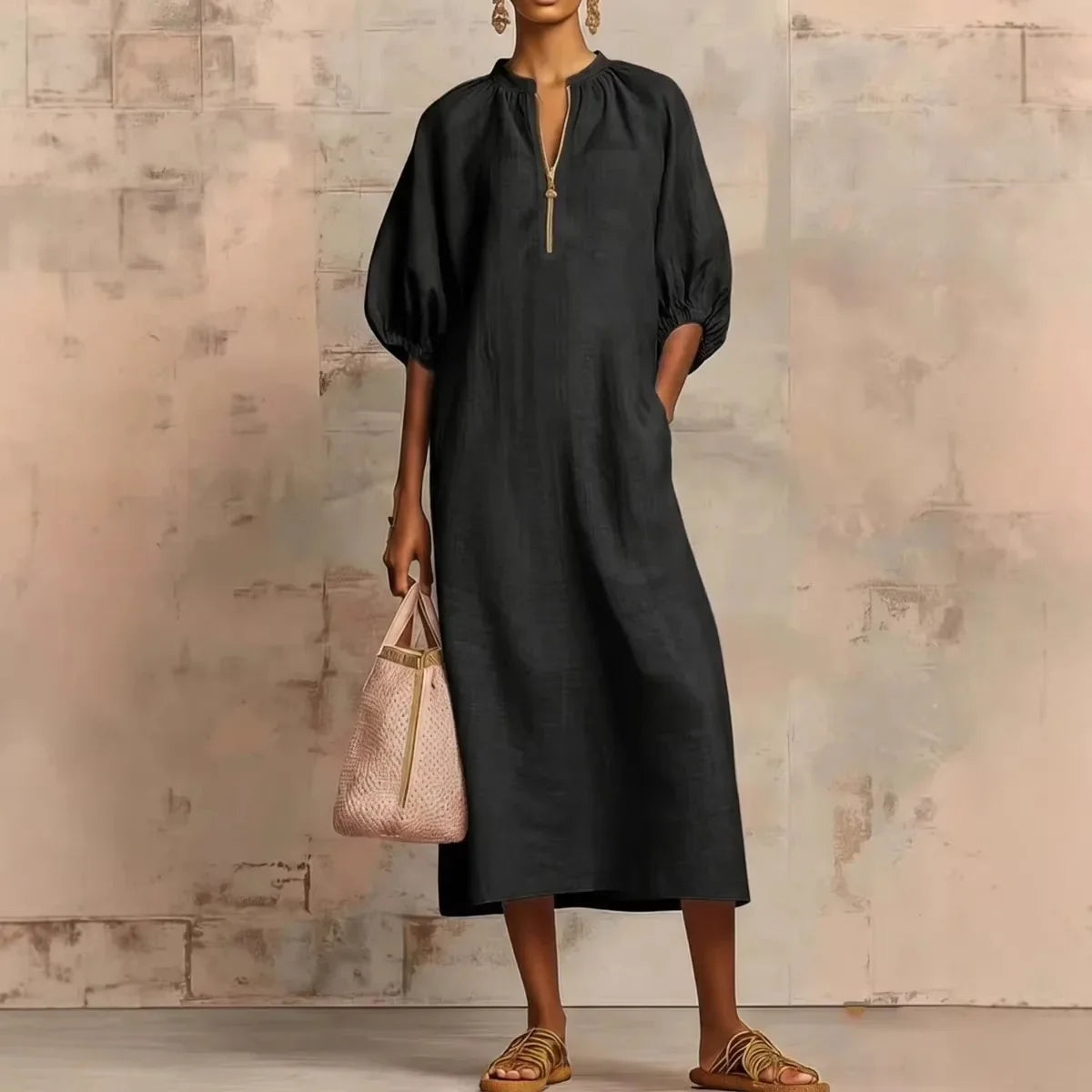 Haven Beck Solana Puff Sleeve Midi Dress Relaxed Fit