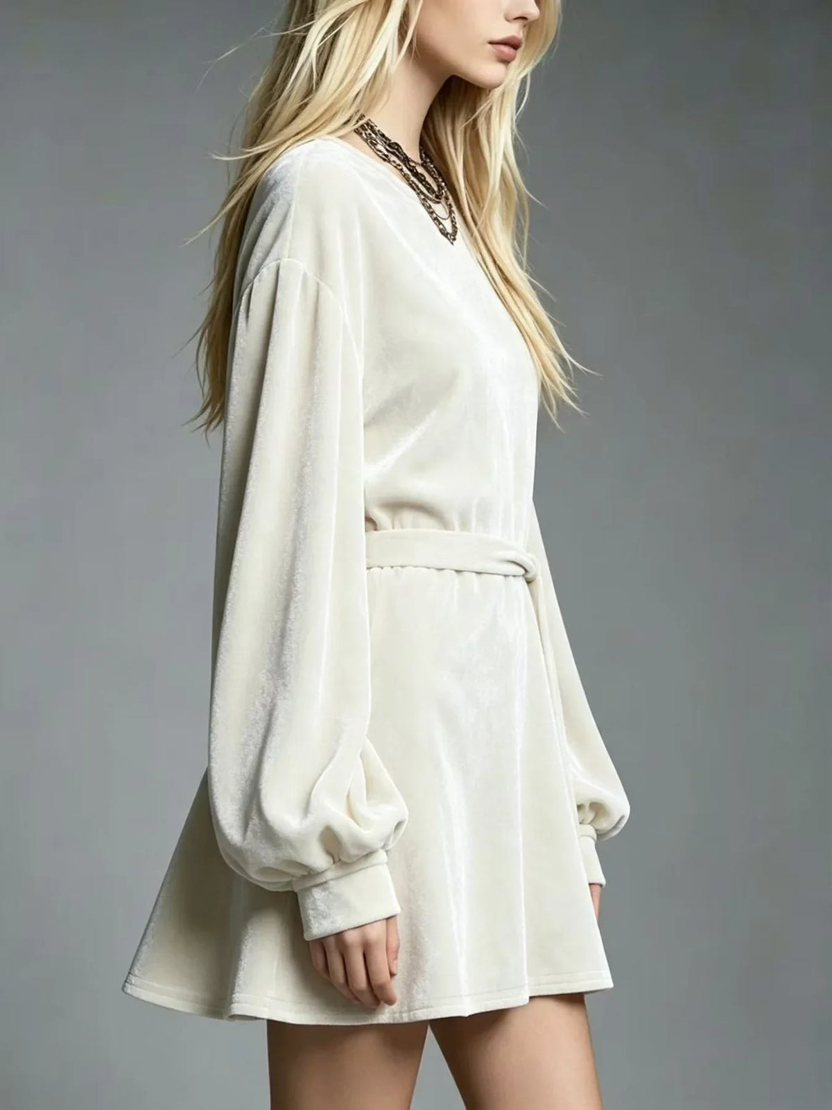 Women's Harlan Tie Waist Velvet Dress Turn-Down Collar