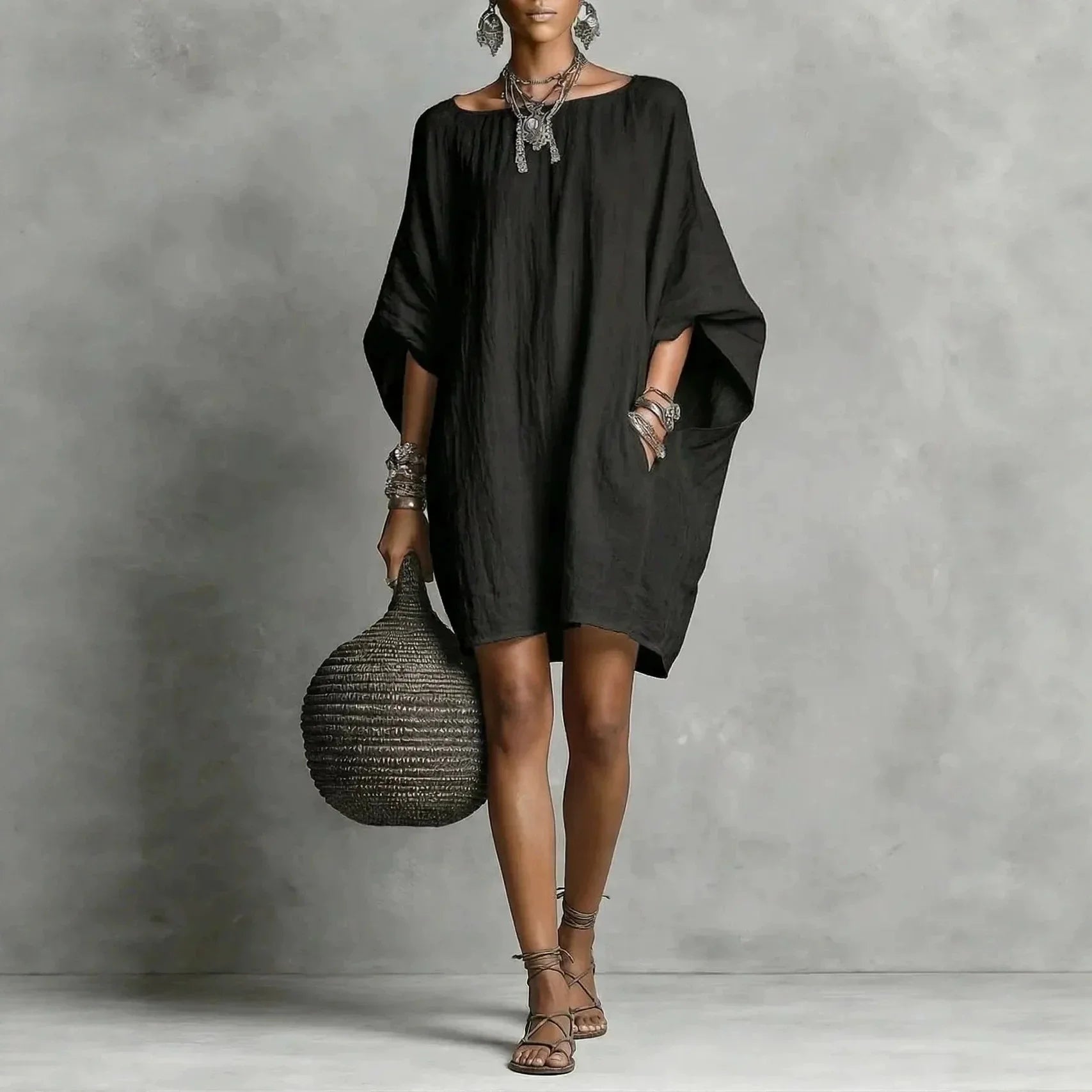 Haven Beck Lindsey Effortless Tunic Dress Shoulder-Bared Long Sleeve