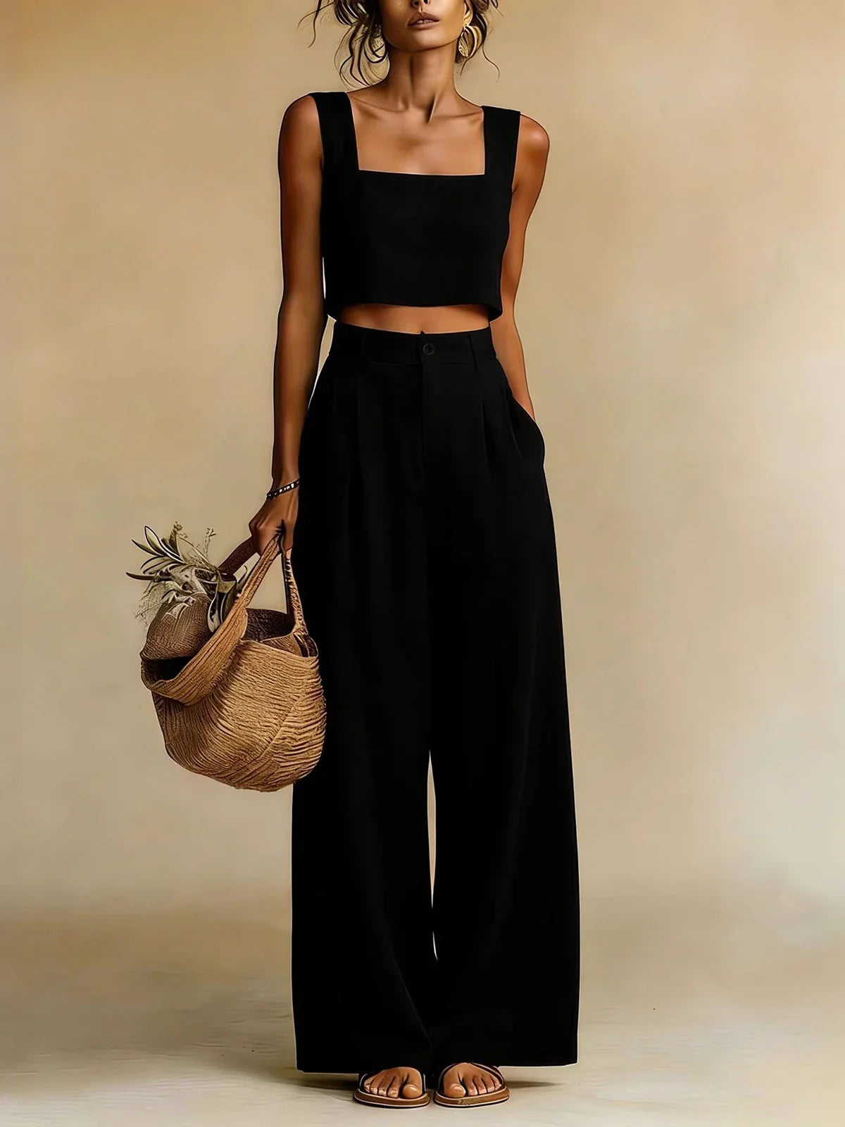 Haven Beck Palazzo Pants Set Sleeveless Crop Top Wide Leg