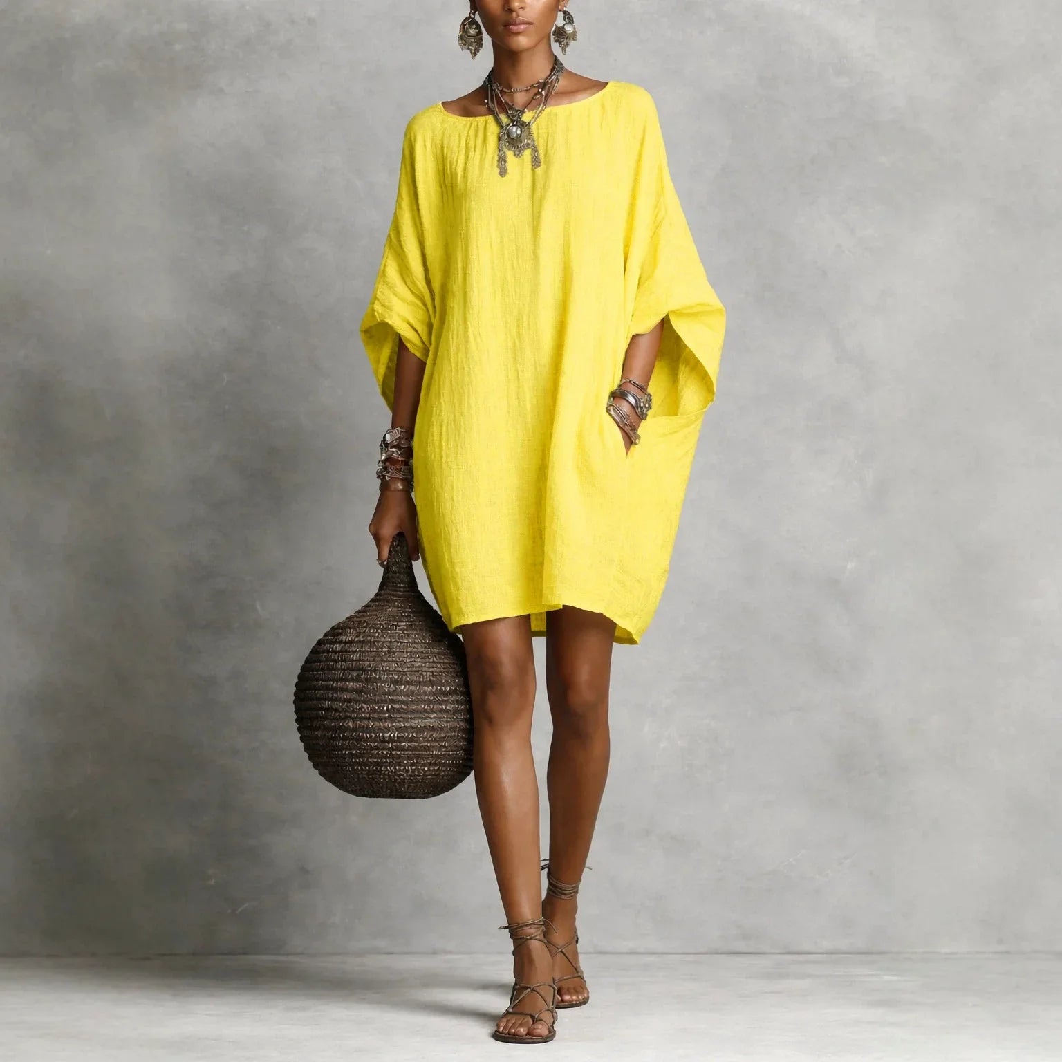 Haven Beck Lindsey Effortless Tunic Dress Shoulder-Bared Long Sleeve
