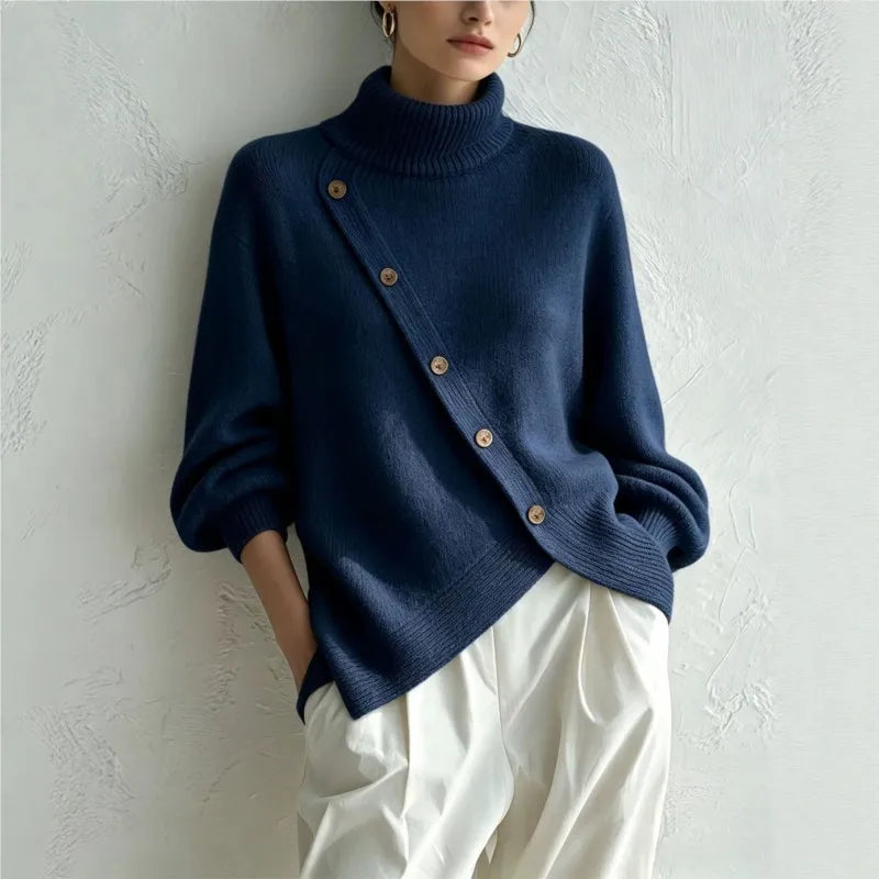 Haven Beck Women's Delphine Wrap Front Sweater Turtleneck Button