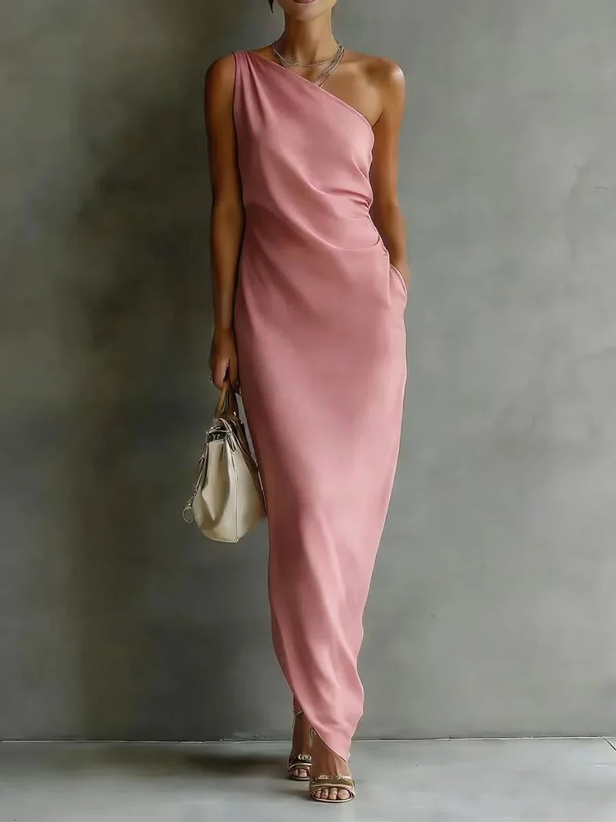 Haven Beck Cheyenne One Shoulder Satin Maxi Dress