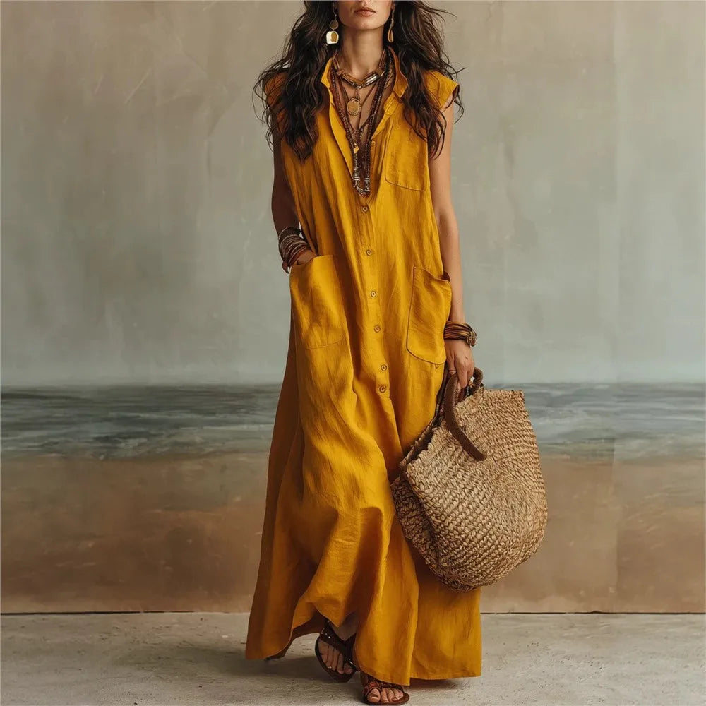 Haven Beck Reese Bohemian V Neck Casual Linen Maxi Dress