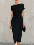 Haven Beck Megan Pleated Slit Midi Dress