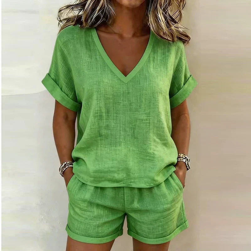 Haven Beck Bellamy Linen V-Neck Shorts Set Relaxed Fit