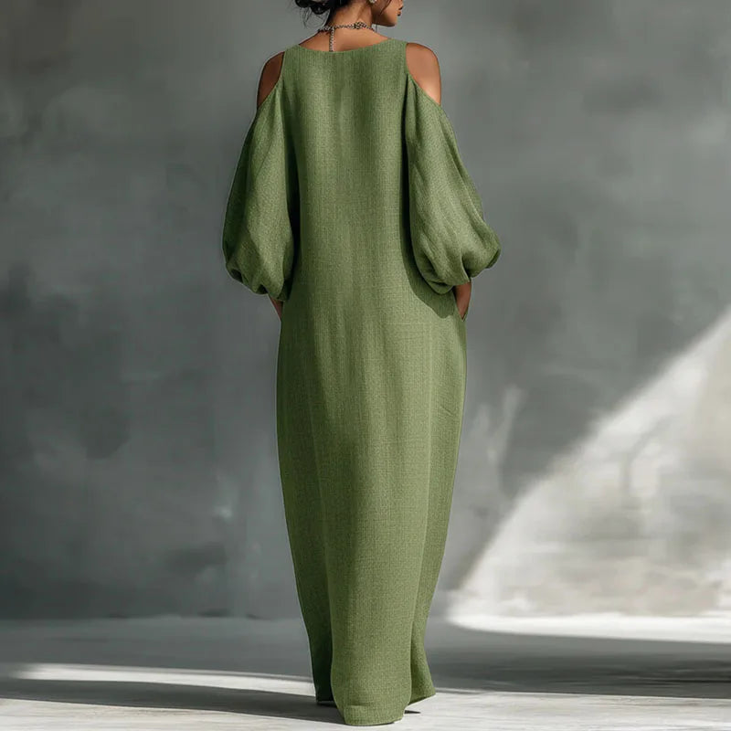 Haven Beck Olive Bohemian Linen Maxi Dress Cold Shoulder
