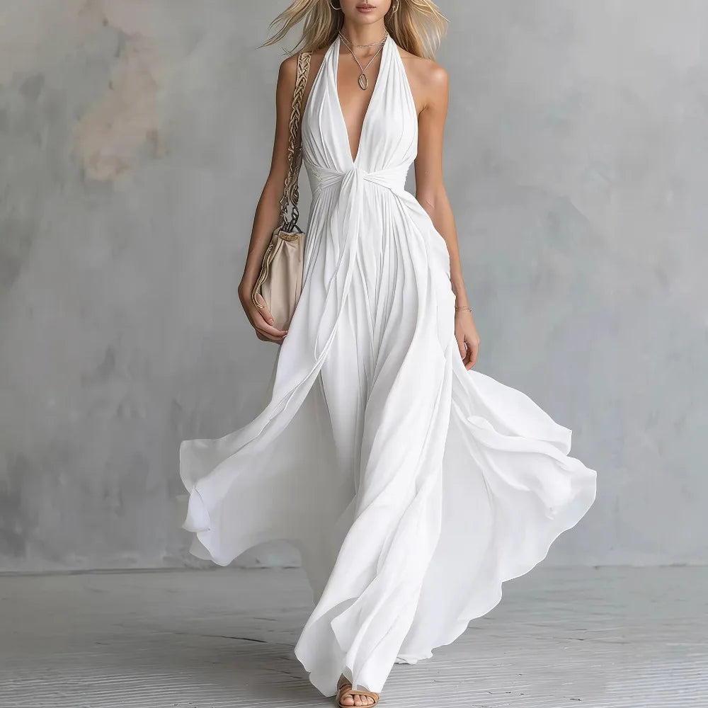 Haven Beck Roselyn Flowy Evening Dress Pleated Backless Maxi