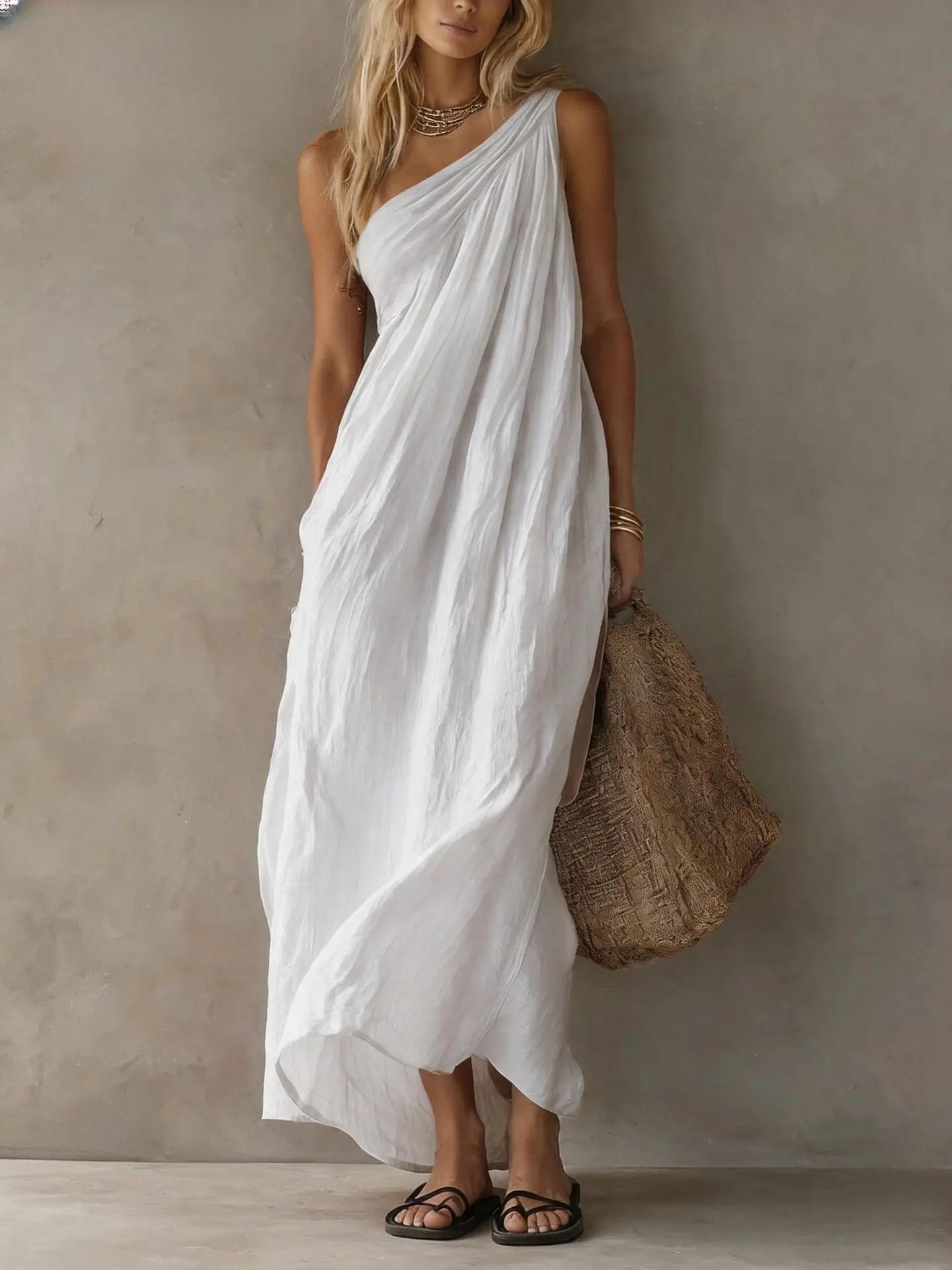 Haven Beck Celine One Shoulder Linen Maxi Dress