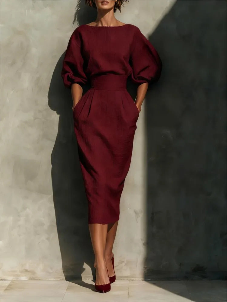 Haven Beck Bailey Elegant Linen Midi Dress Pleated Lantern Sleeve