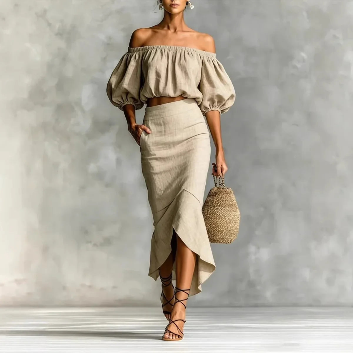 Haven Beck Blaire Off-Shoulder Skirt Set Puff Sleeve Midi Wrap
