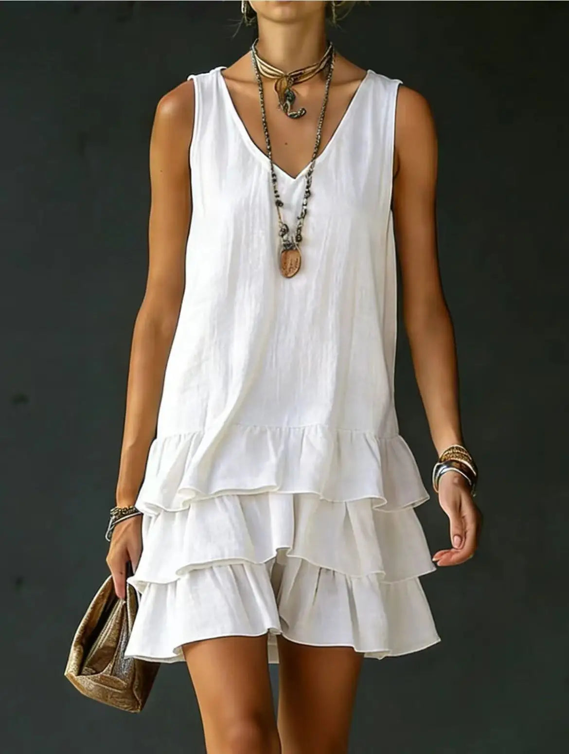 Haven Beck Courtney Ruffle Mini Dress Tiered Sleeveless V-Neck