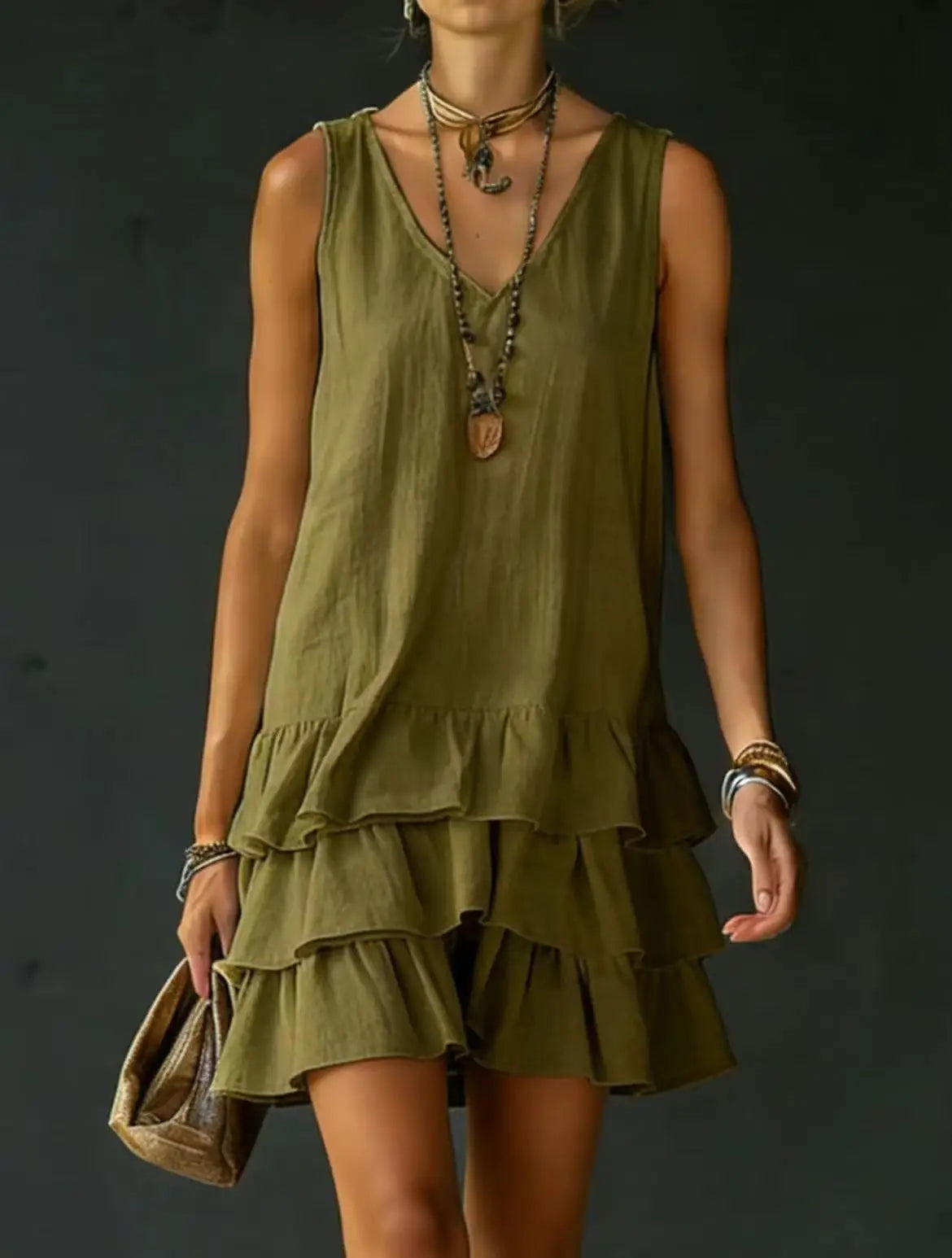 Haven Beck Courtney Ruffle Mini Dress Tiered Sleeveless V-Neck