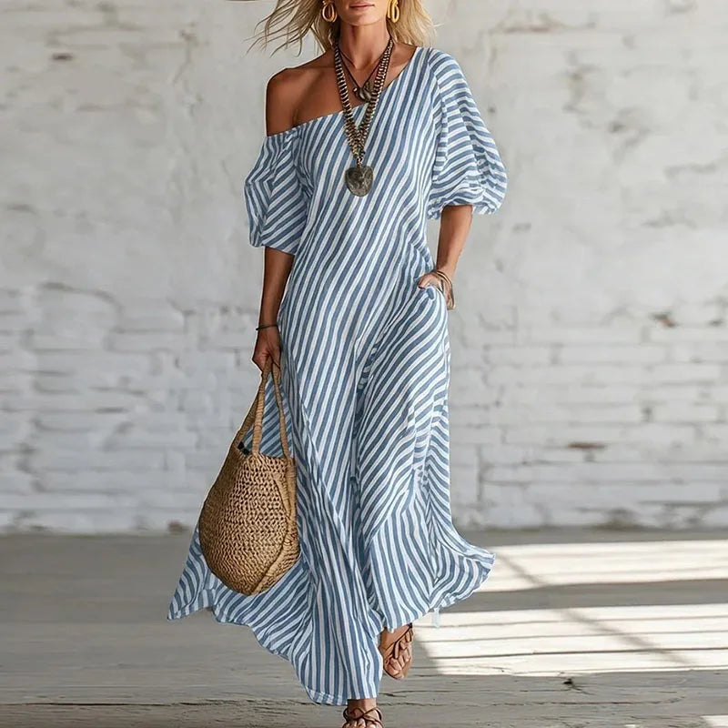 Haven Beck Sian One Shoulder Puff Sleeve Dress Striped Print
