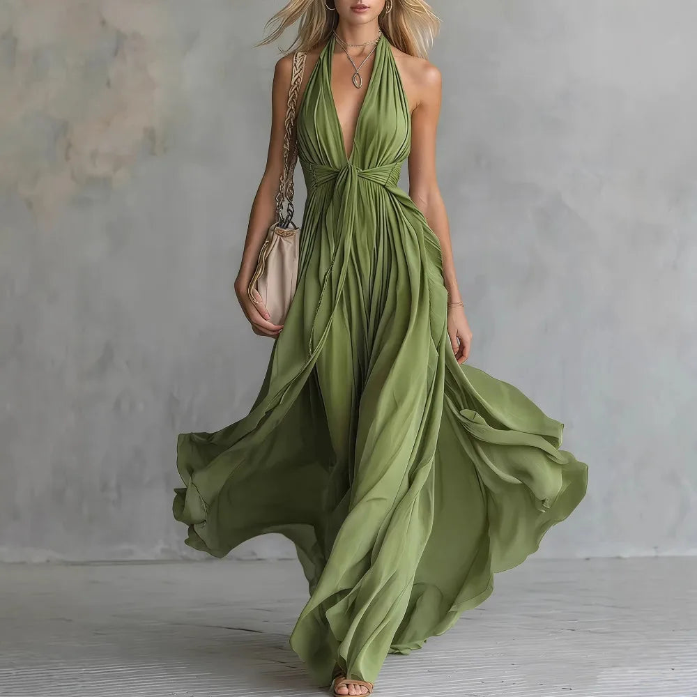 Haven Beck Roselyn Flowy Evening Dress Pleated Backless Maxi