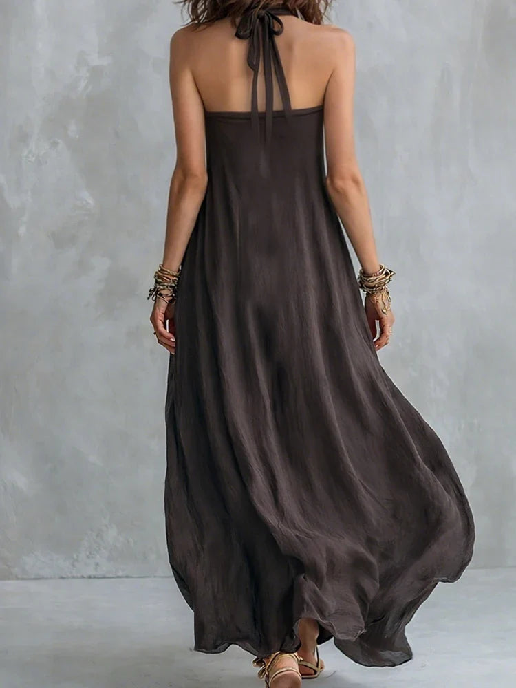 Haven Beck Evelyn Halter Maxi Dress Flowy Swing Silhouette