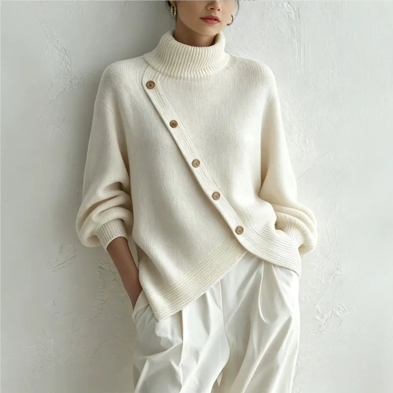 Haven Beck Women's Delphine Wrap Front Sweater Turtleneck Button