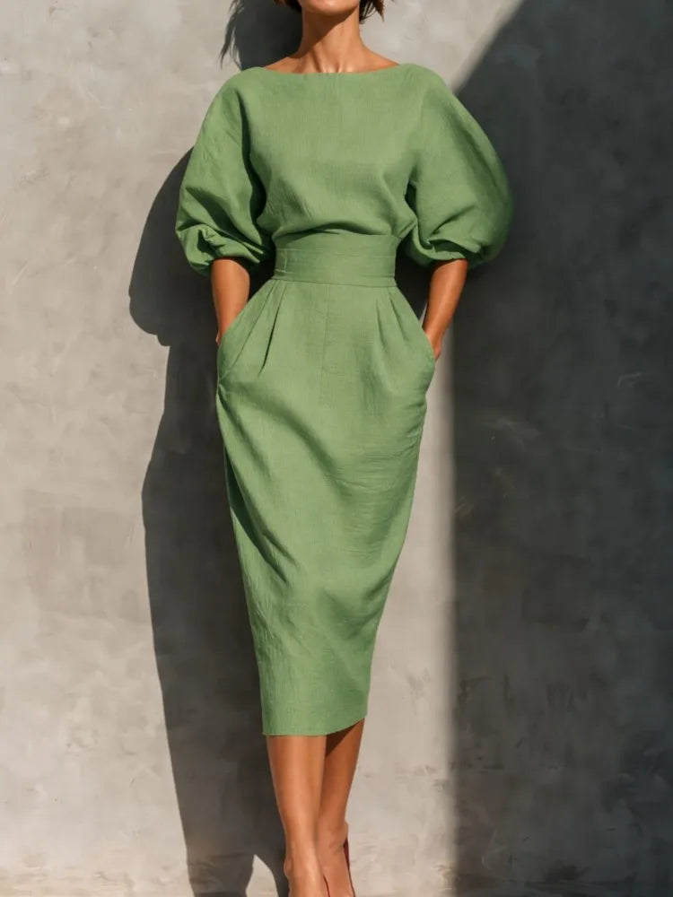 Haven Beck Bailey Elegant Linen Midi Dress Pleated Lantern Sleeve