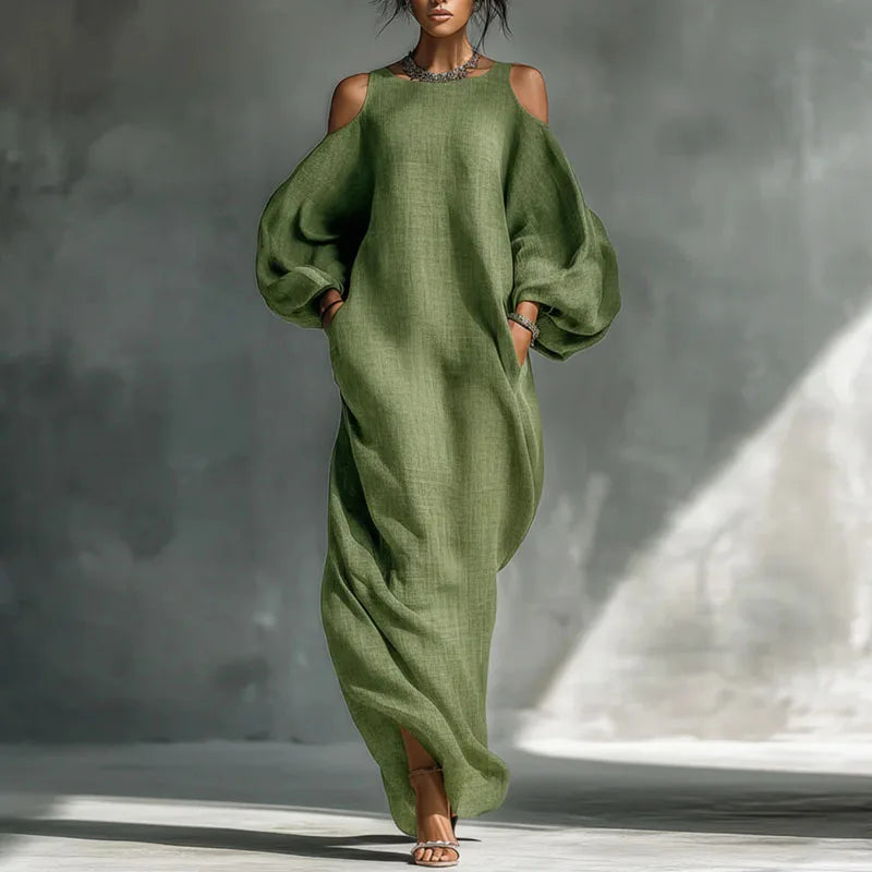 Haven Beck Olive Bohemian Linen Maxi Dress Cold Shoulder