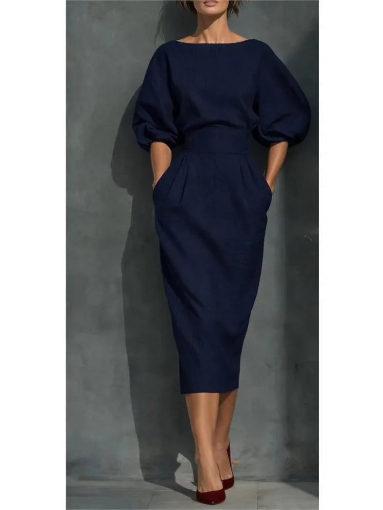 Haven Beck Bailey Elegant Linen Midi Dress Pleated Lantern Sleeve