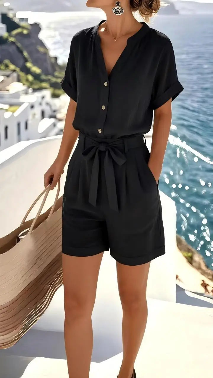 Haven Beck Elowen Linen-Blend Romper Tie-Front