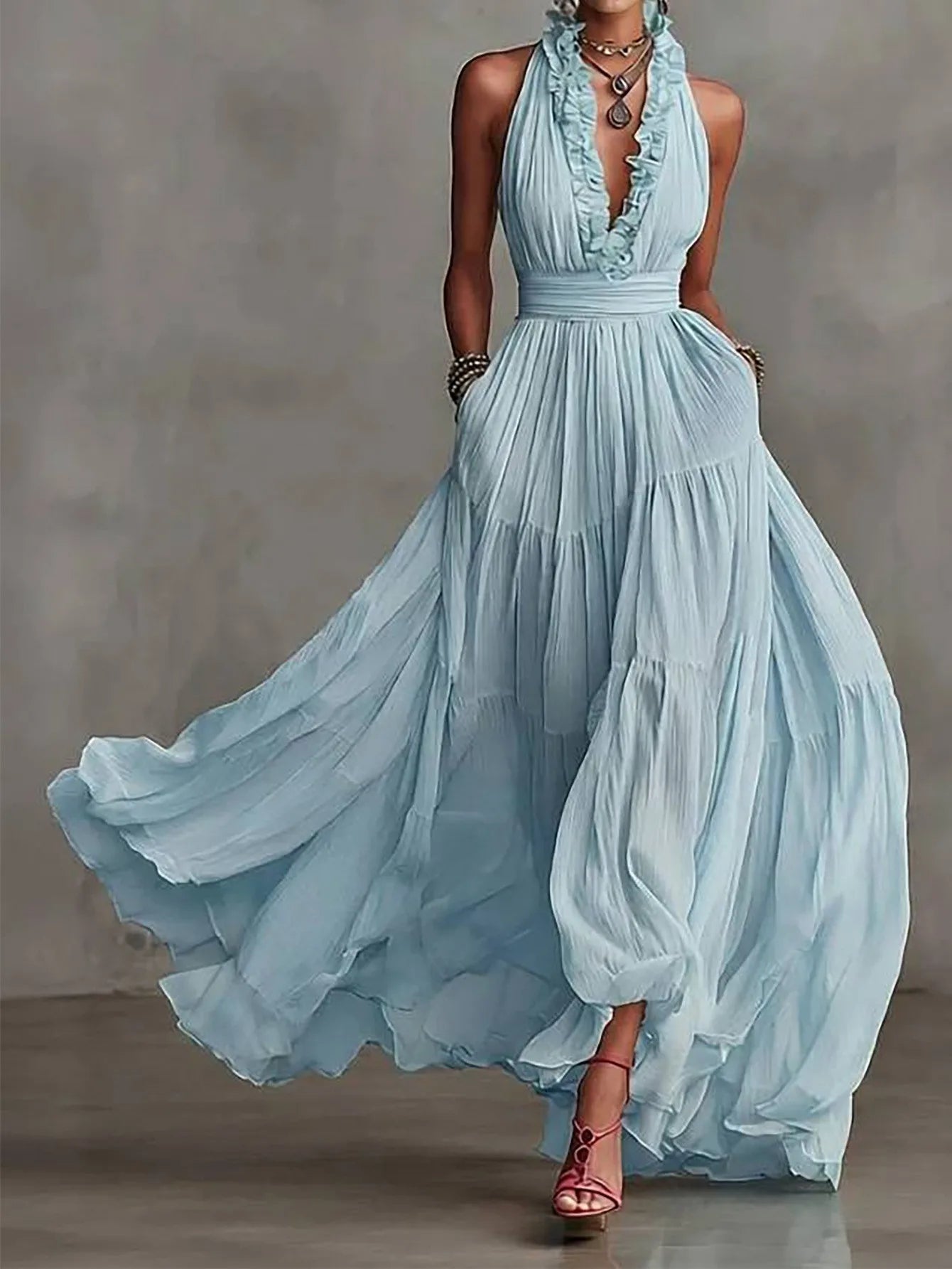 Haven Beck Brenda Ruffle Trim Evening Maxi Dress