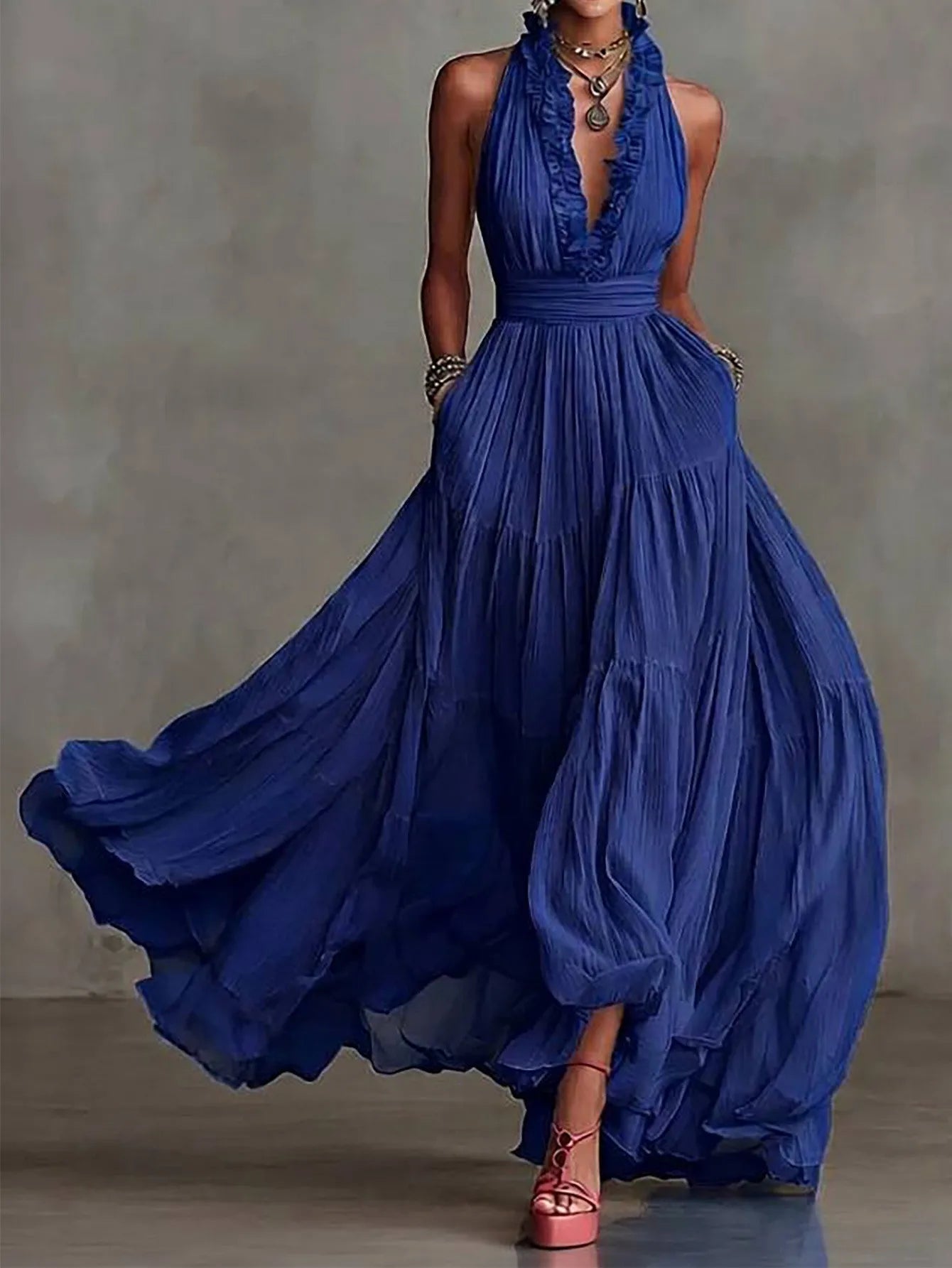 Haven Beck Brenda Ruffle Trim Evening Maxi Dress
