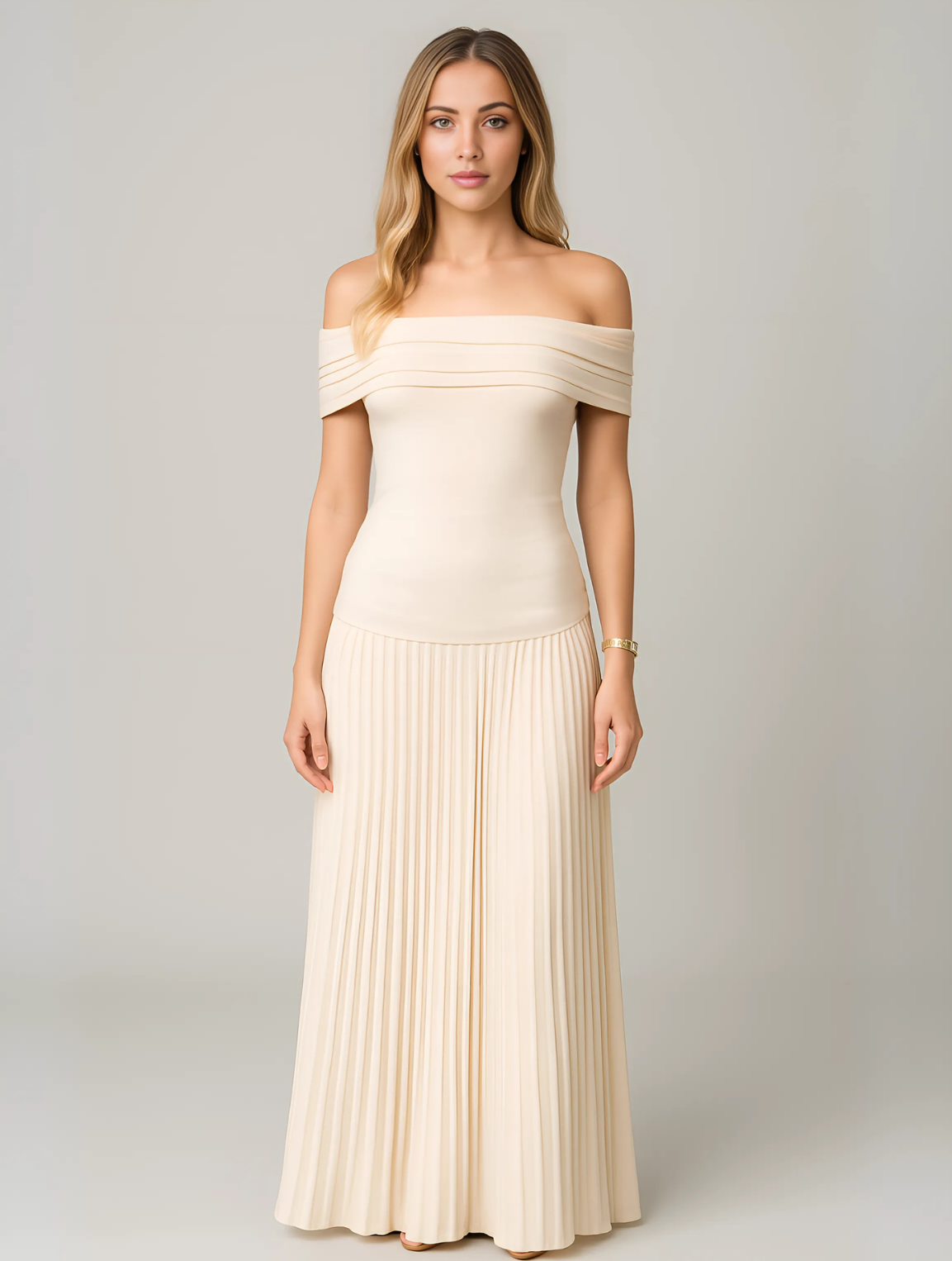 The Hills Nashville Bella Wedding Guest Pleated Maxi Dress Off-Shoulder