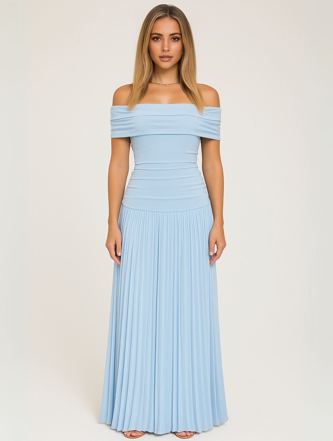 The Hills Nashville Bella Wedding Guest Pleated Maxi Dress Off-Shoulder