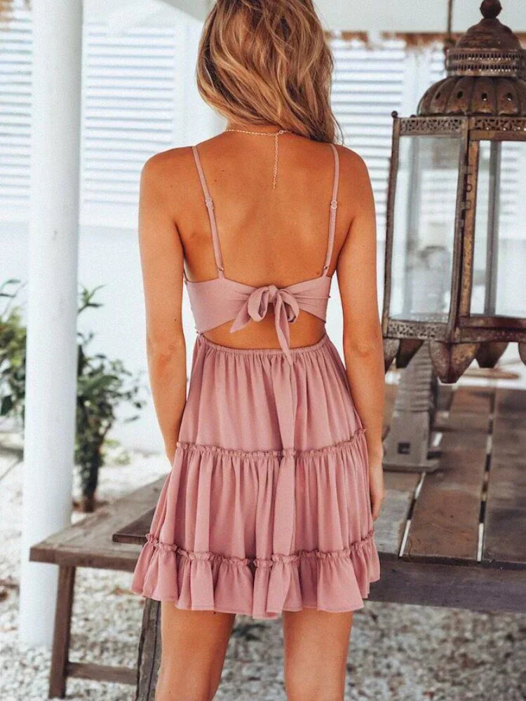 LumiNovi Tiered Mini Dress with Open Back and Adjustable Ties