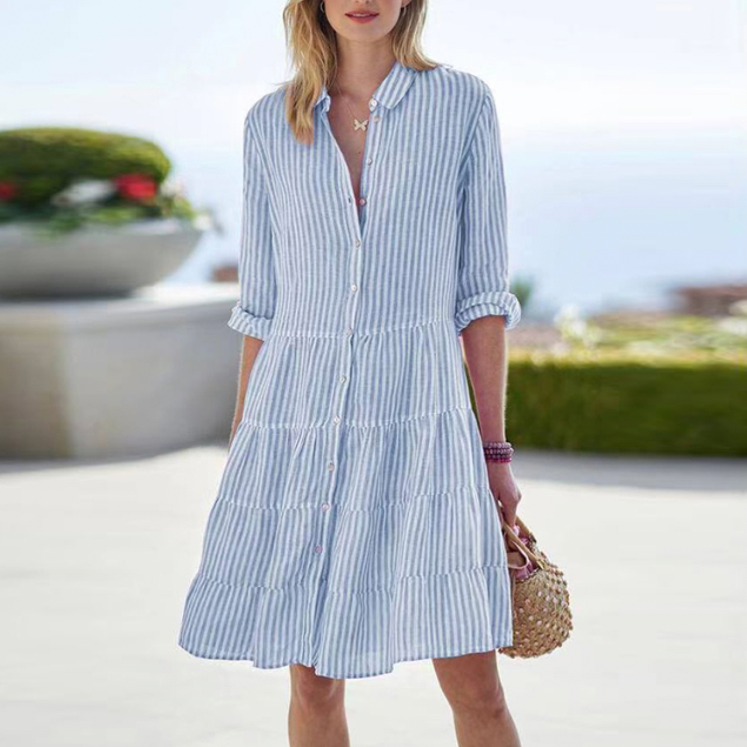 LumiNovi Striped Shirt Dress Button Front Collared Mini