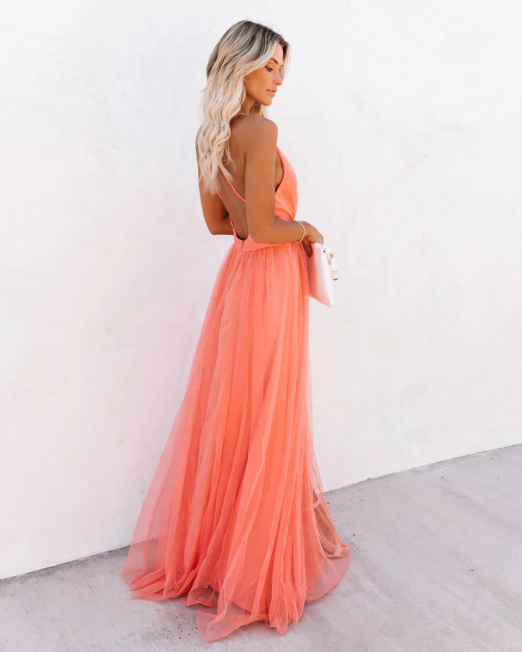 LumiNovi Women's Flowing Maxi Dress Lightweight Peach Casual