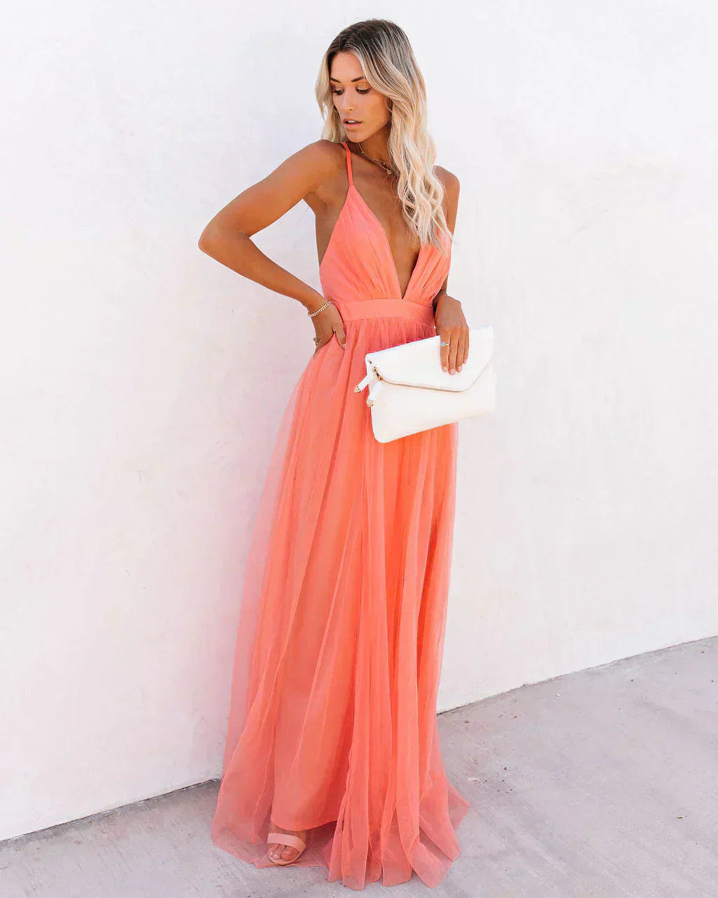 LumiNovi Women's Flowing Maxi Dress Lightweight Peach Casual