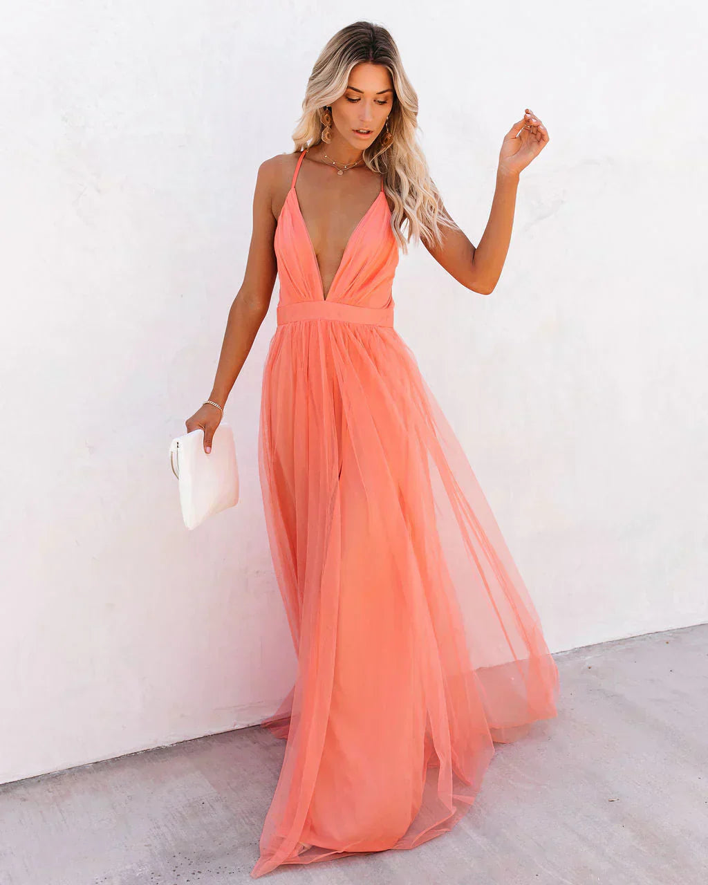 LumiNovi Women's Flowing Maxi Dress Lightweight Peach Casual