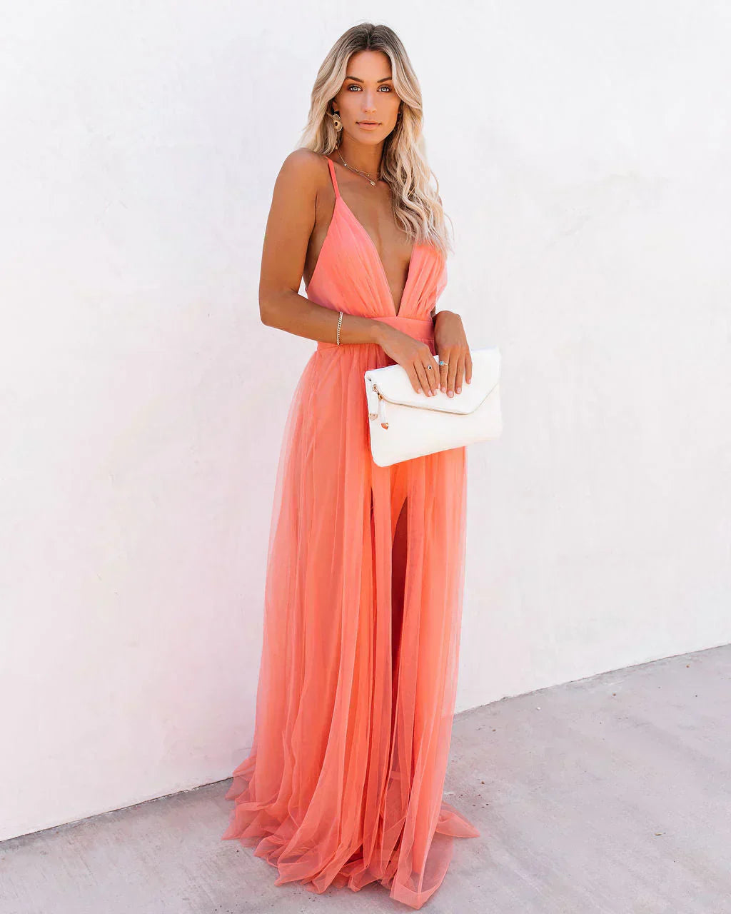 LumiNovi Women's Flowing Maxi Dress Lightweight Peach Casual