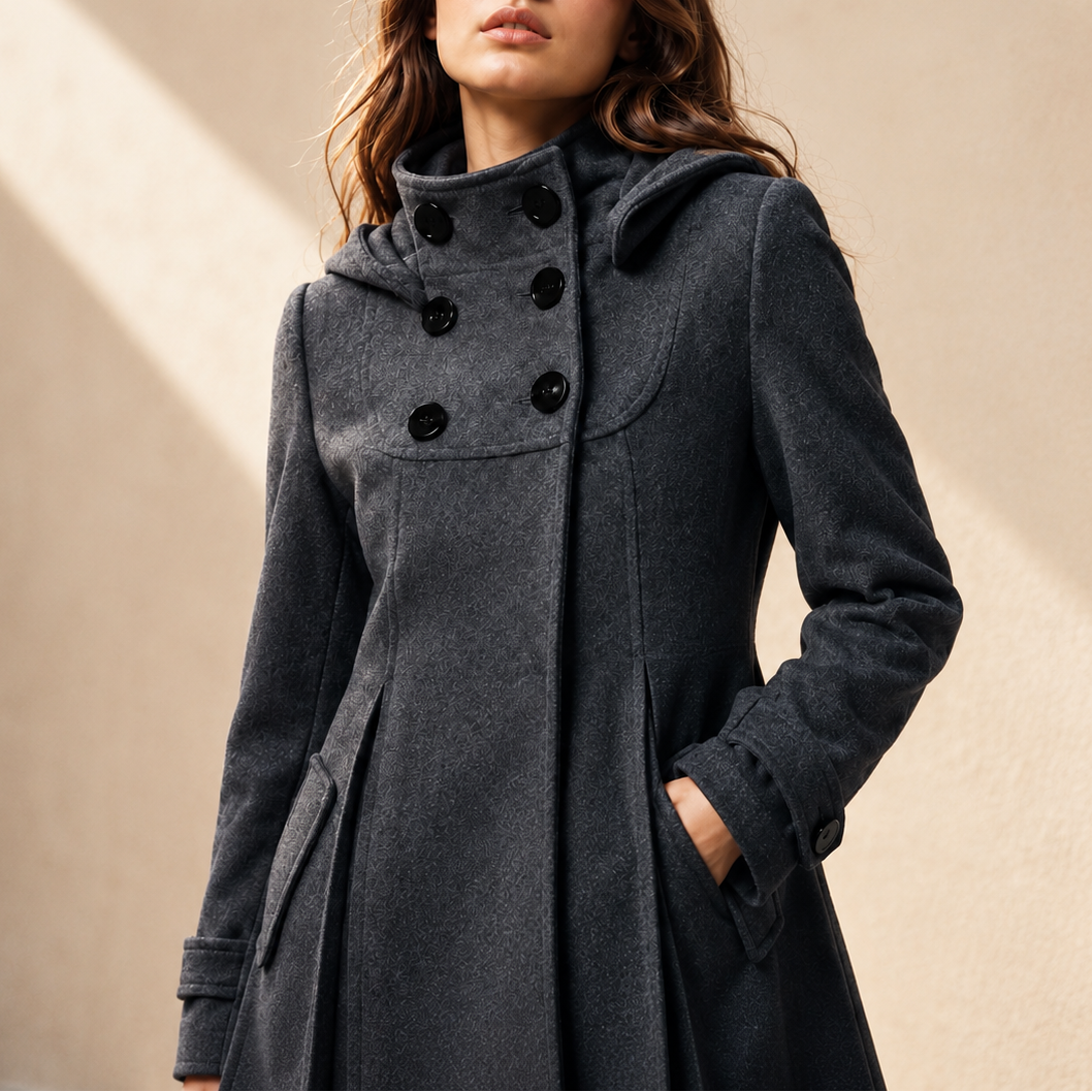 Women's Bella Hooded Swing Coat Double-Breasted Knee-Length
