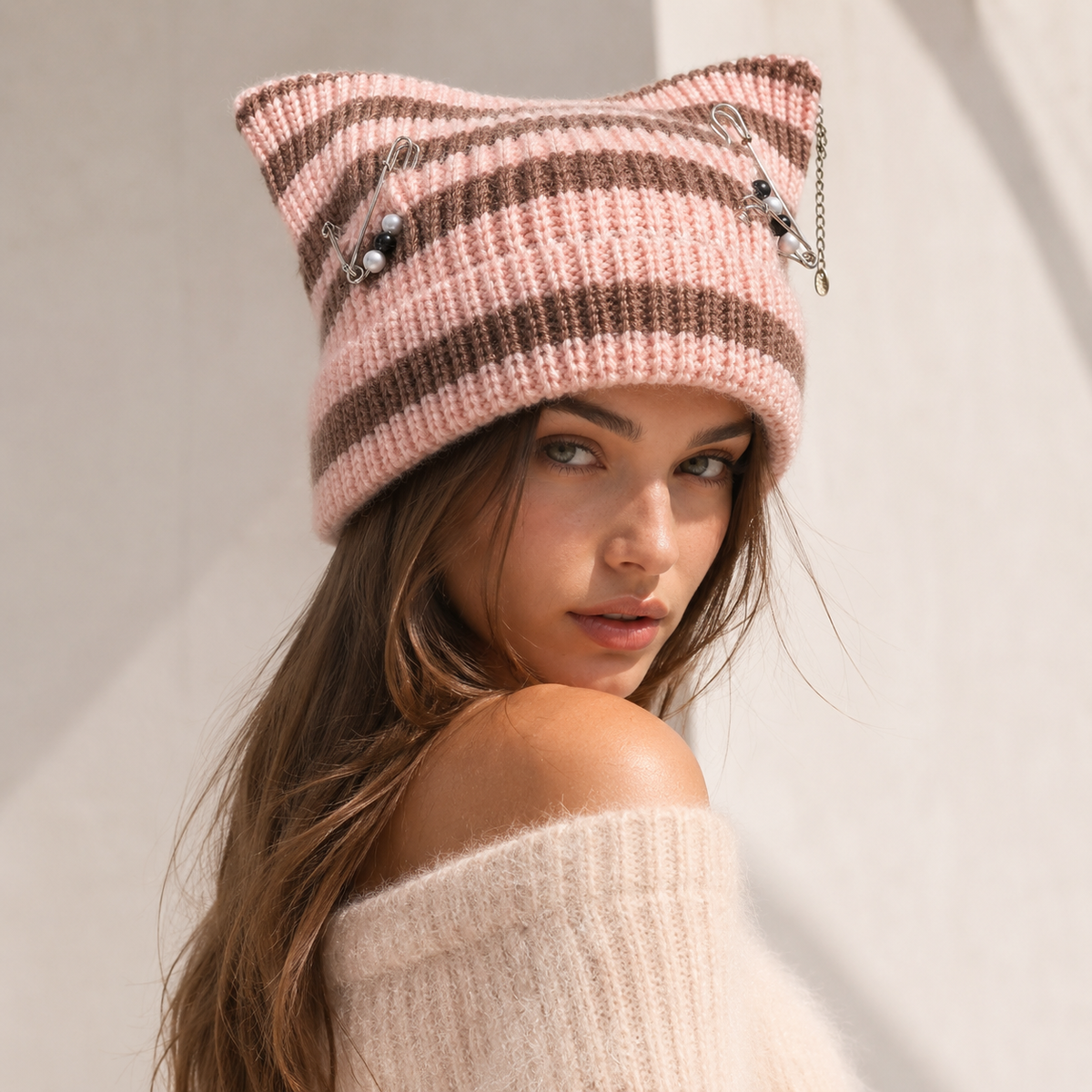 Unisex Suki Cat-Ear Beanie Ribbed Knit