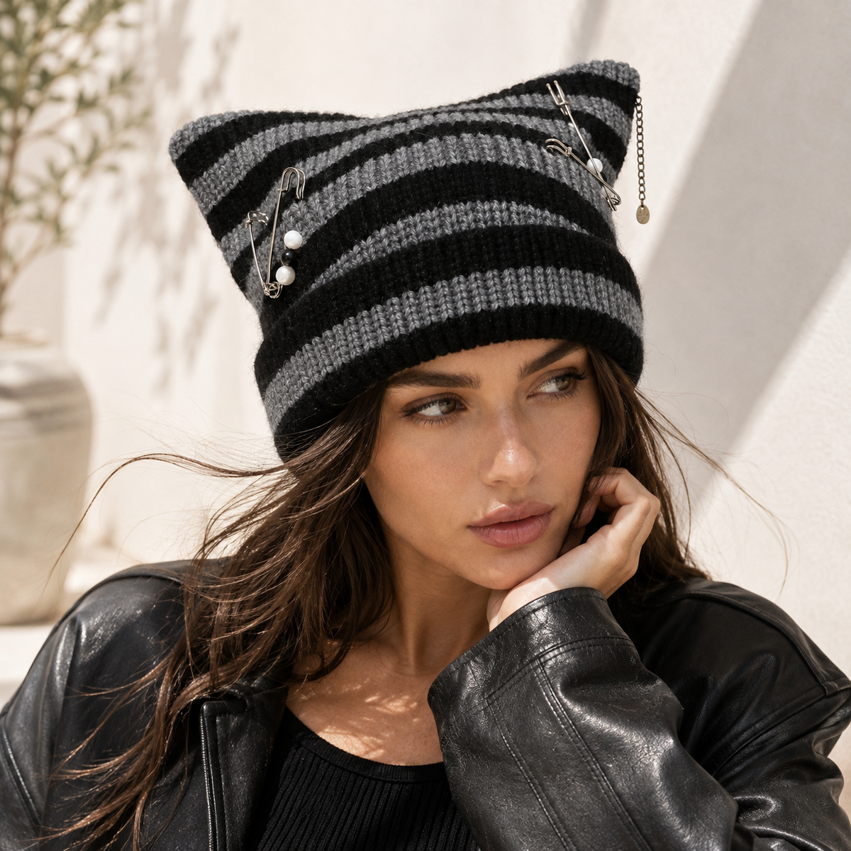 Unisex Suki Cat-Ear Beanie Ribbed Knit